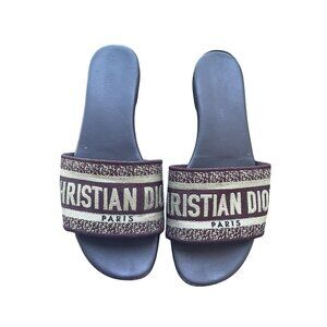 Christian Dior Paris Burgundy & Beige Embroidered Slide Sandals Womens